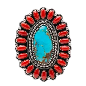 High-grade Kingman Turquoise & Mediterranean Coral Cluster Ring | Hemerson Brown