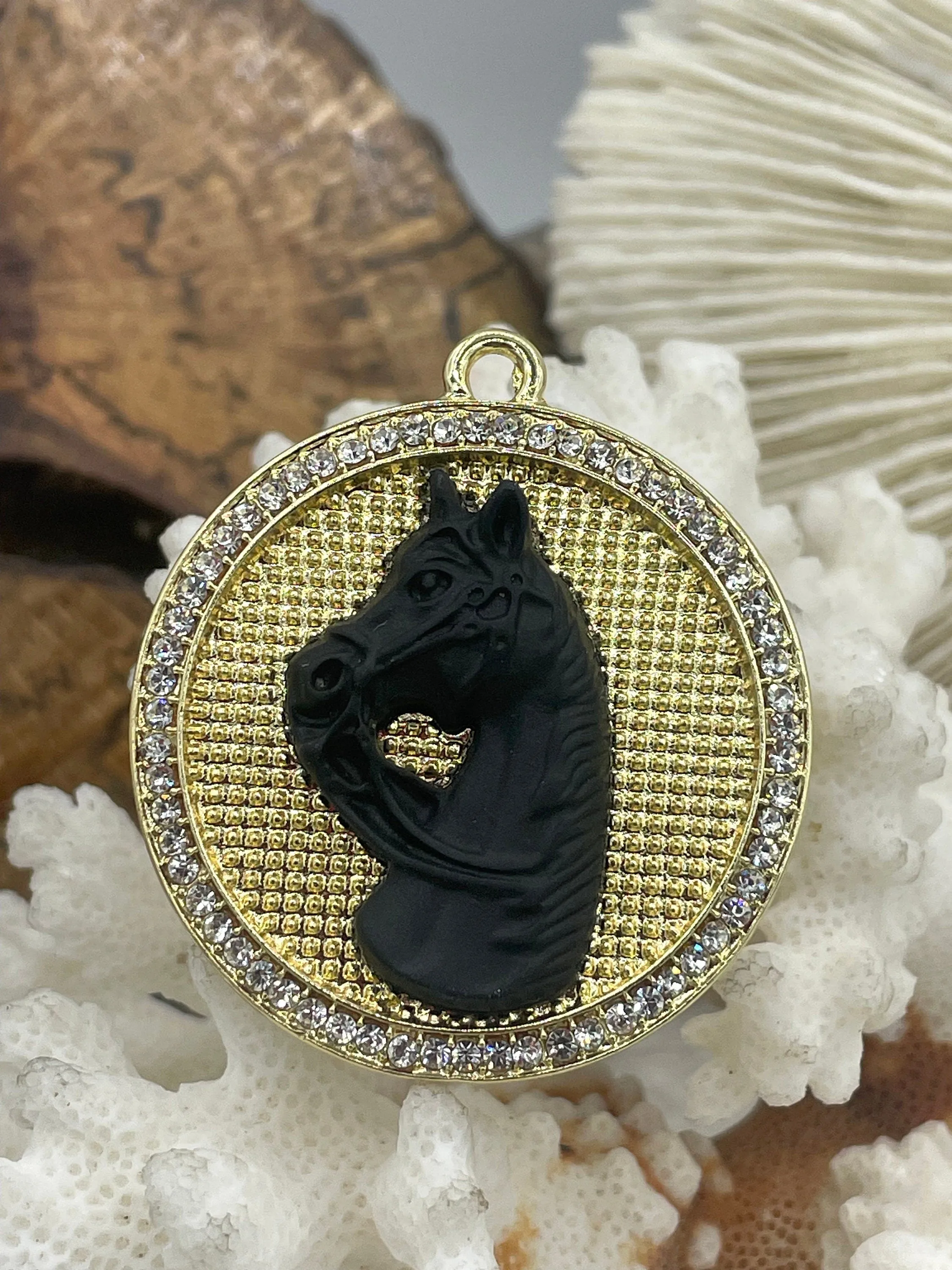 Horse Pendant with CZ, Round Horse Charm, Equestrian Charm, Horse Pendant, Equestrian Pendant, Zinc Alloy & Cubic Zirconia, Fast Ship