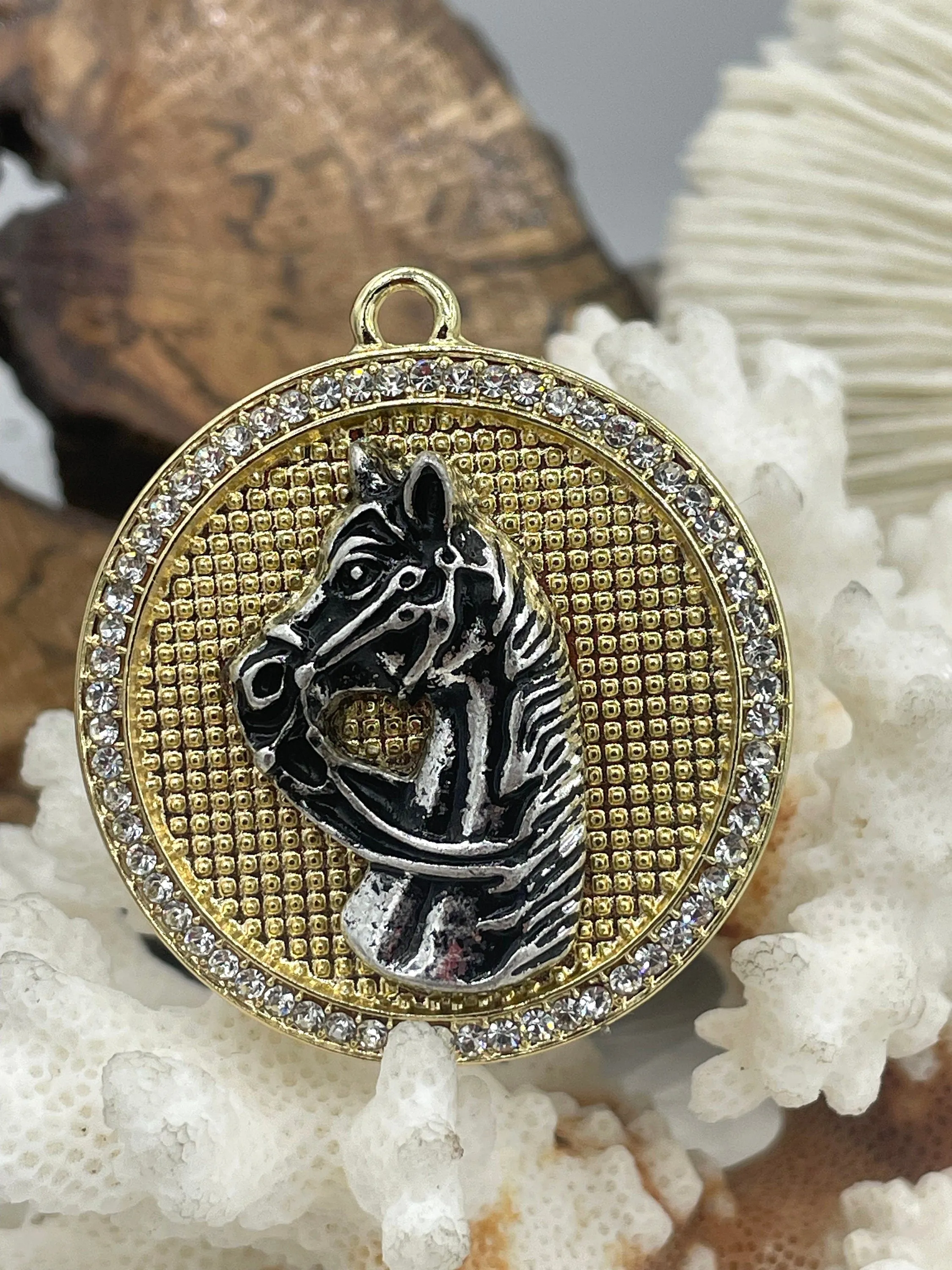 Horse Pendant with CZ, Round Horse Charm, Equestrian Charm, Horse Pendant, Equestrian Pendant, Zinc Alloy & Cubic Zirconia, Fast Ship