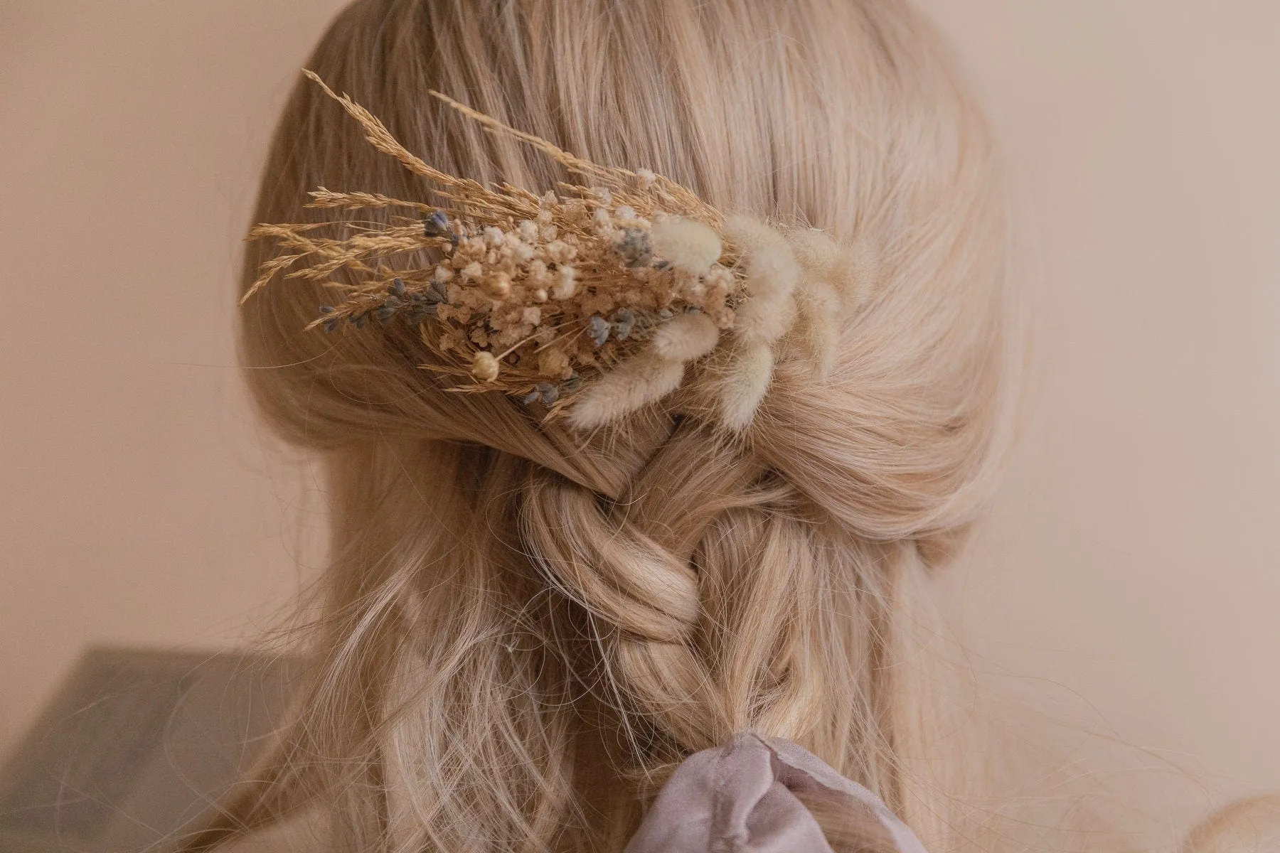 Natural Lagurus & Lavender Bridal Hair Comb / Dried Gypsophila Wedding Comb