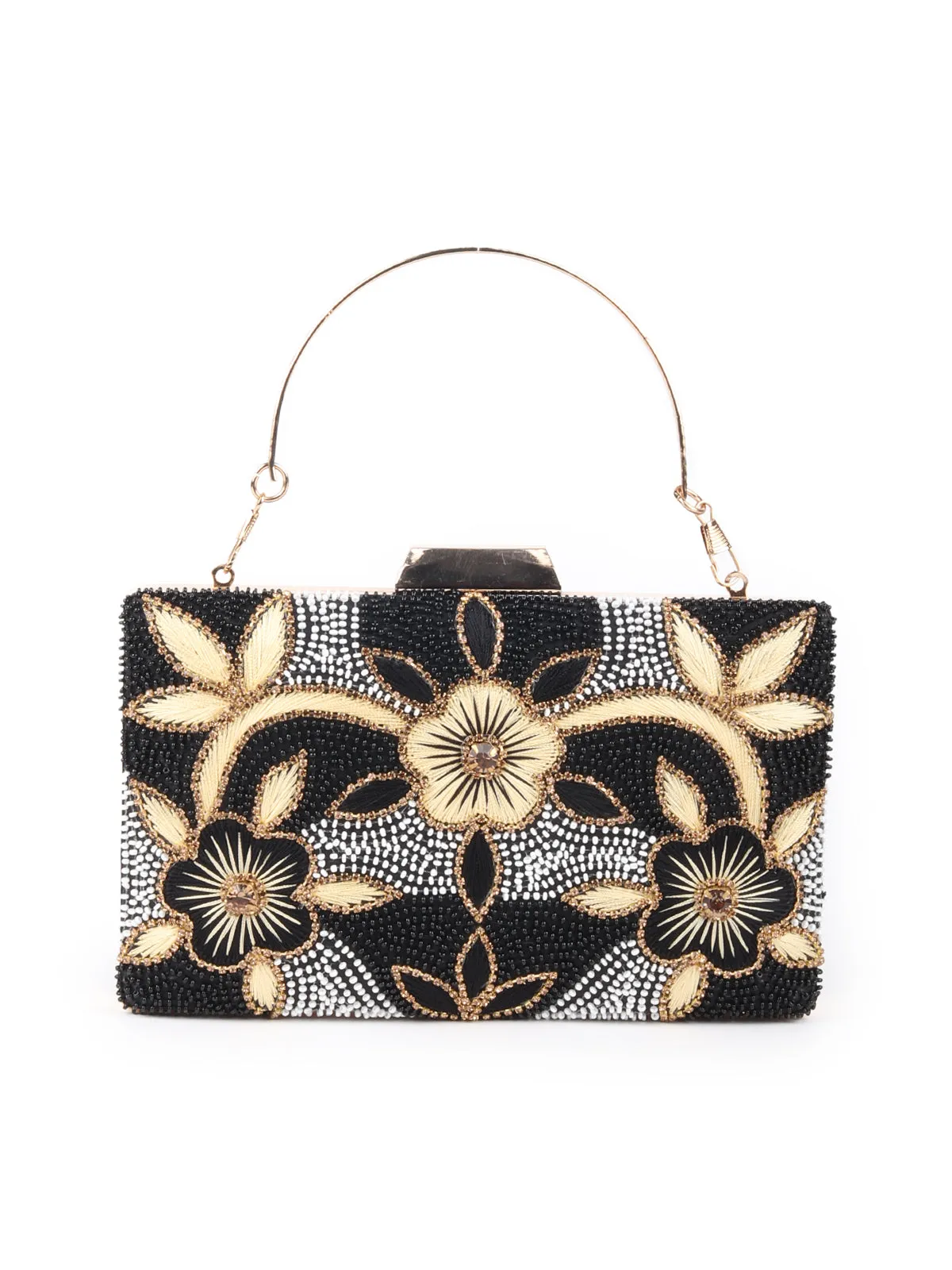 Odette Black Embroidered Clutch Bag For Women