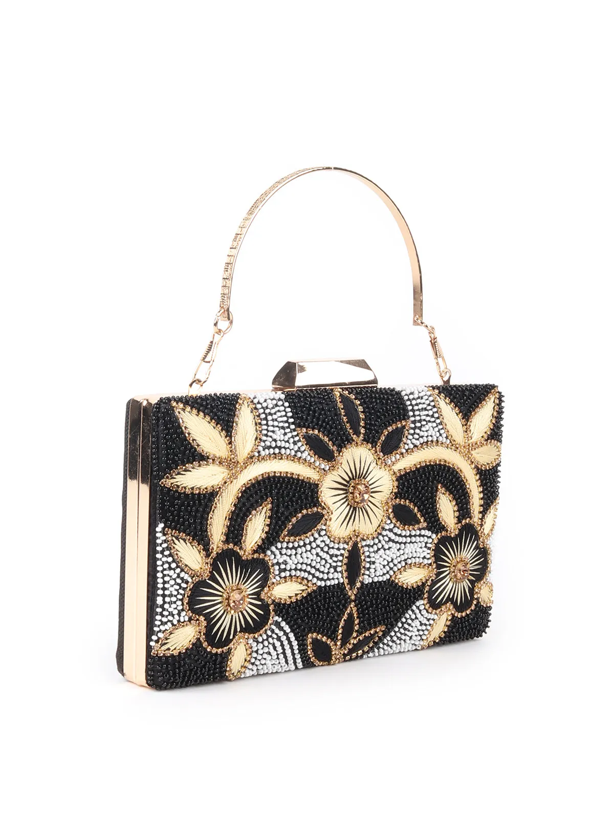 Odette Black Embroidered Clutch Bag For Women