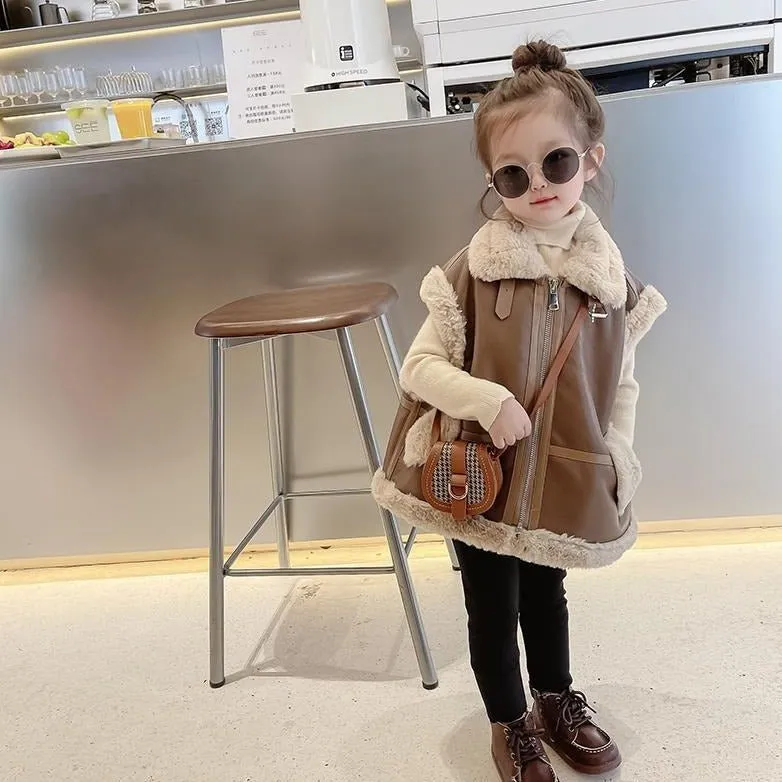 Oversized Brown & Black Leather Fur Biker Gilet for Girls