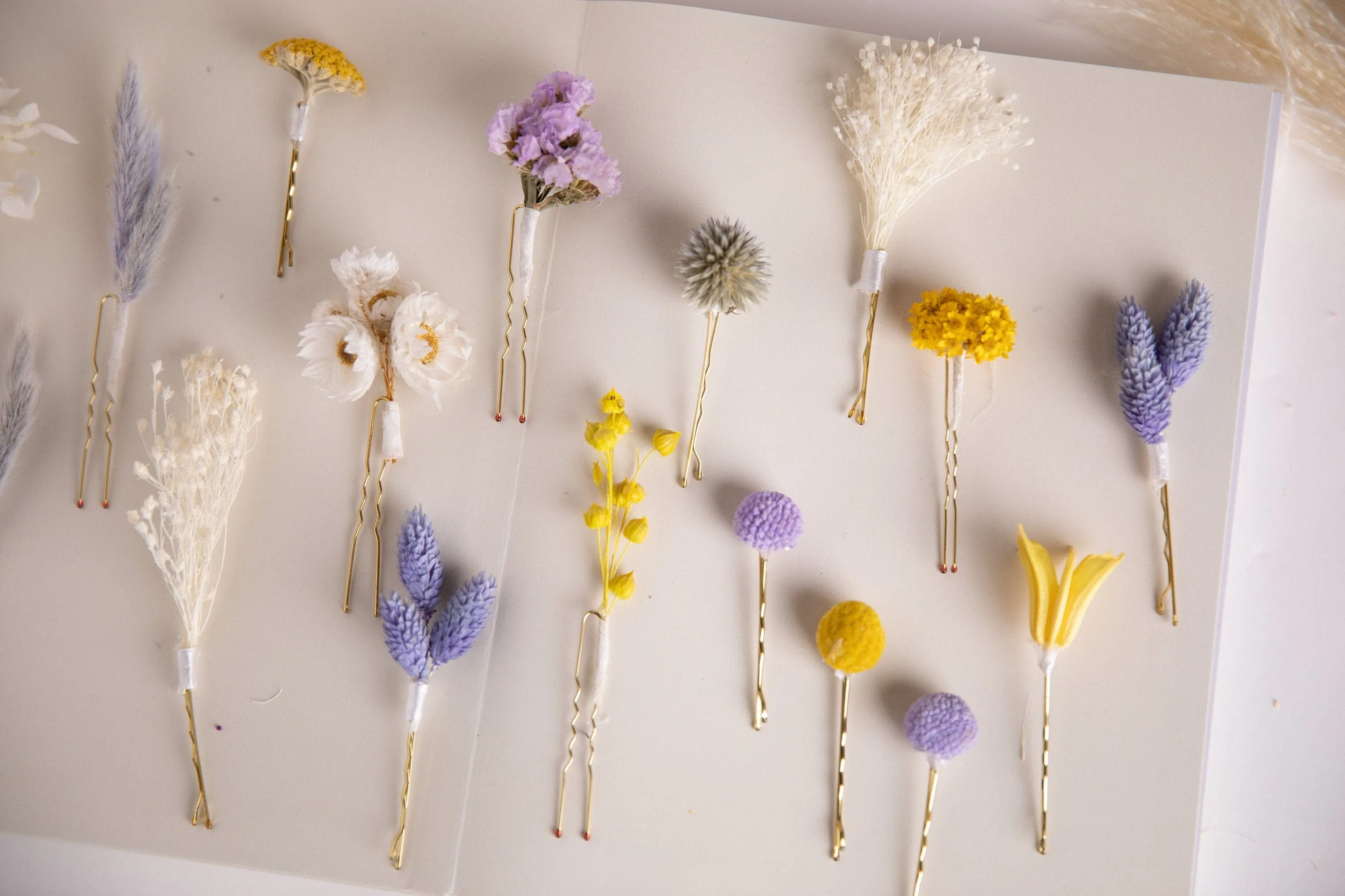 Pastel Yellows & Lilacs 18 piece Hair Pins  Set, Boho Hair Pins, Wedding Hair Pins, Flower Pin Set