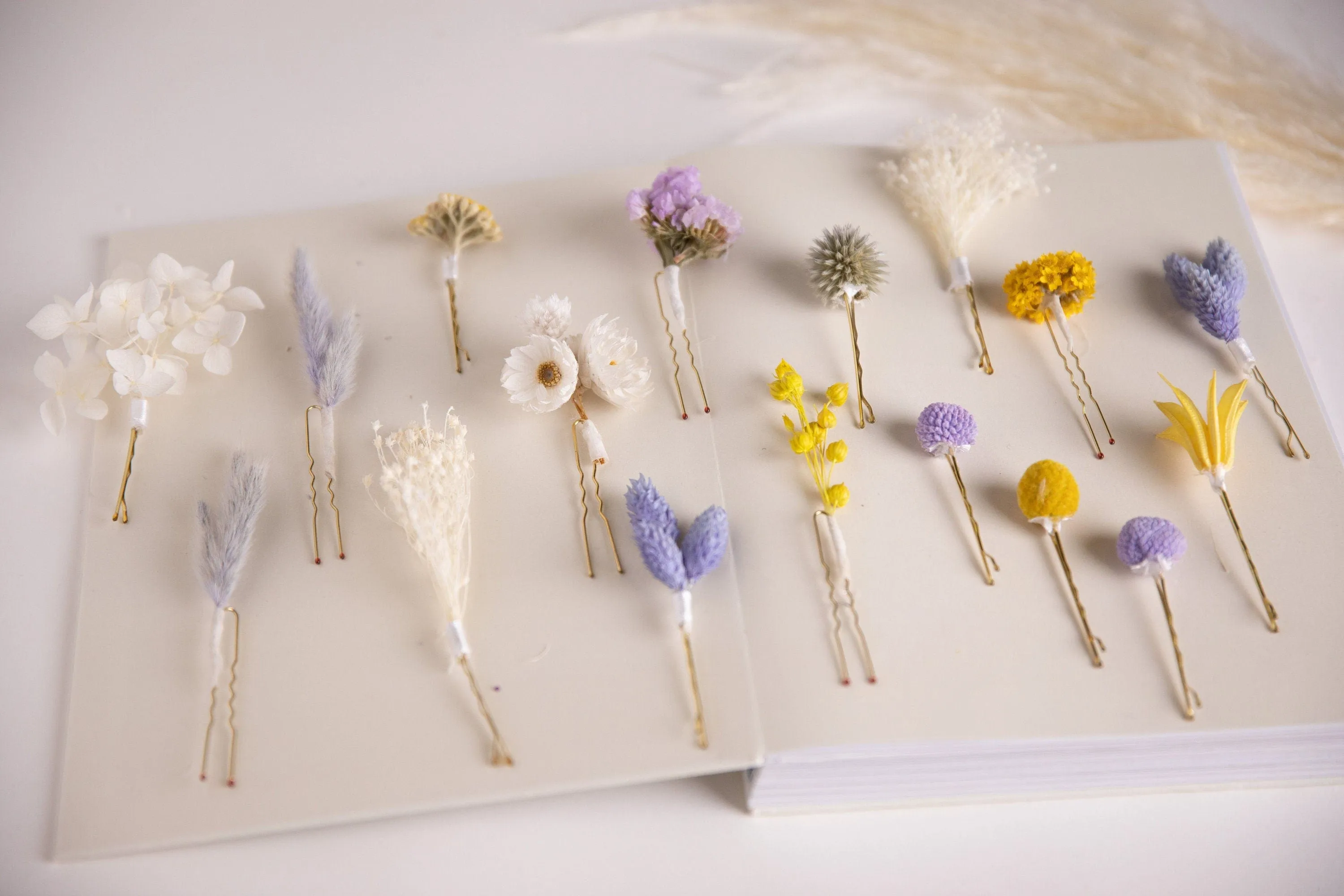 Pastel Yellows & Lilacs 18 piece Hair Pins  Set, Boho Hair Pins, Wedding Hair Pins, Flower Pin Set