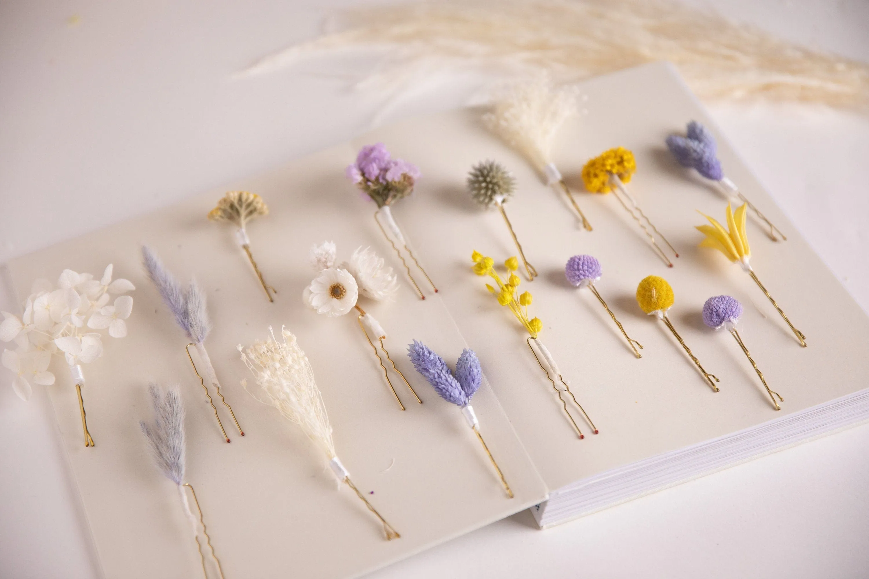 Pastel Yellows & Lilacs 18 piece Hair Pins  Set, Boho Hair Pins, Wedding Hair Pins, Flower Pin Set