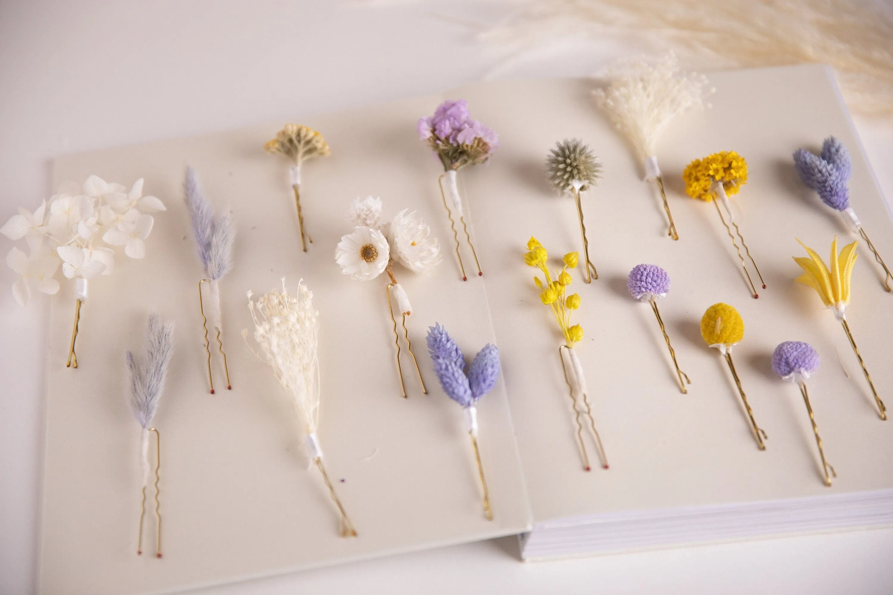 Pastel Yellows & Lilacs 18 piece Hair Pins  Set, Boho Hair Pins, Wedding Hair Pins, Flower Pin Set