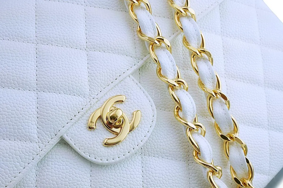 *rare* Chanel White Caviar Jumbo Classic Flap Bag 24k GHW