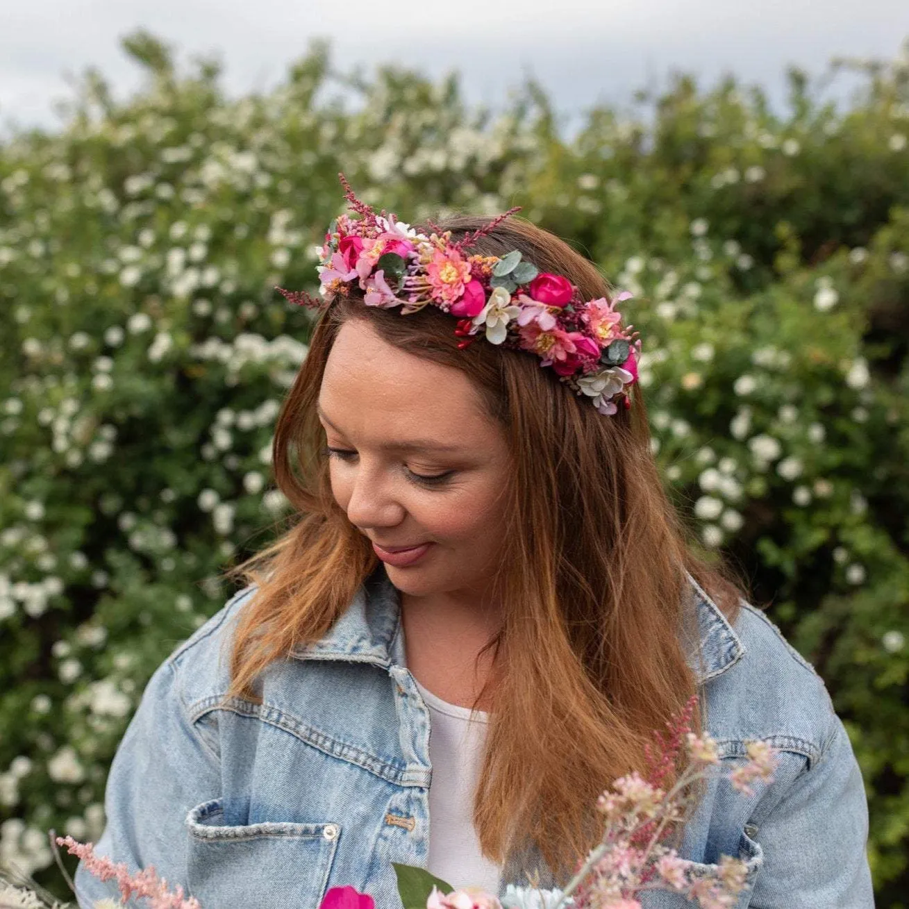 Raspberry flower half wreath Pink wedding flower crown Bridal accessories Magaela accessories hair crown for bride Fuchsia hair crown