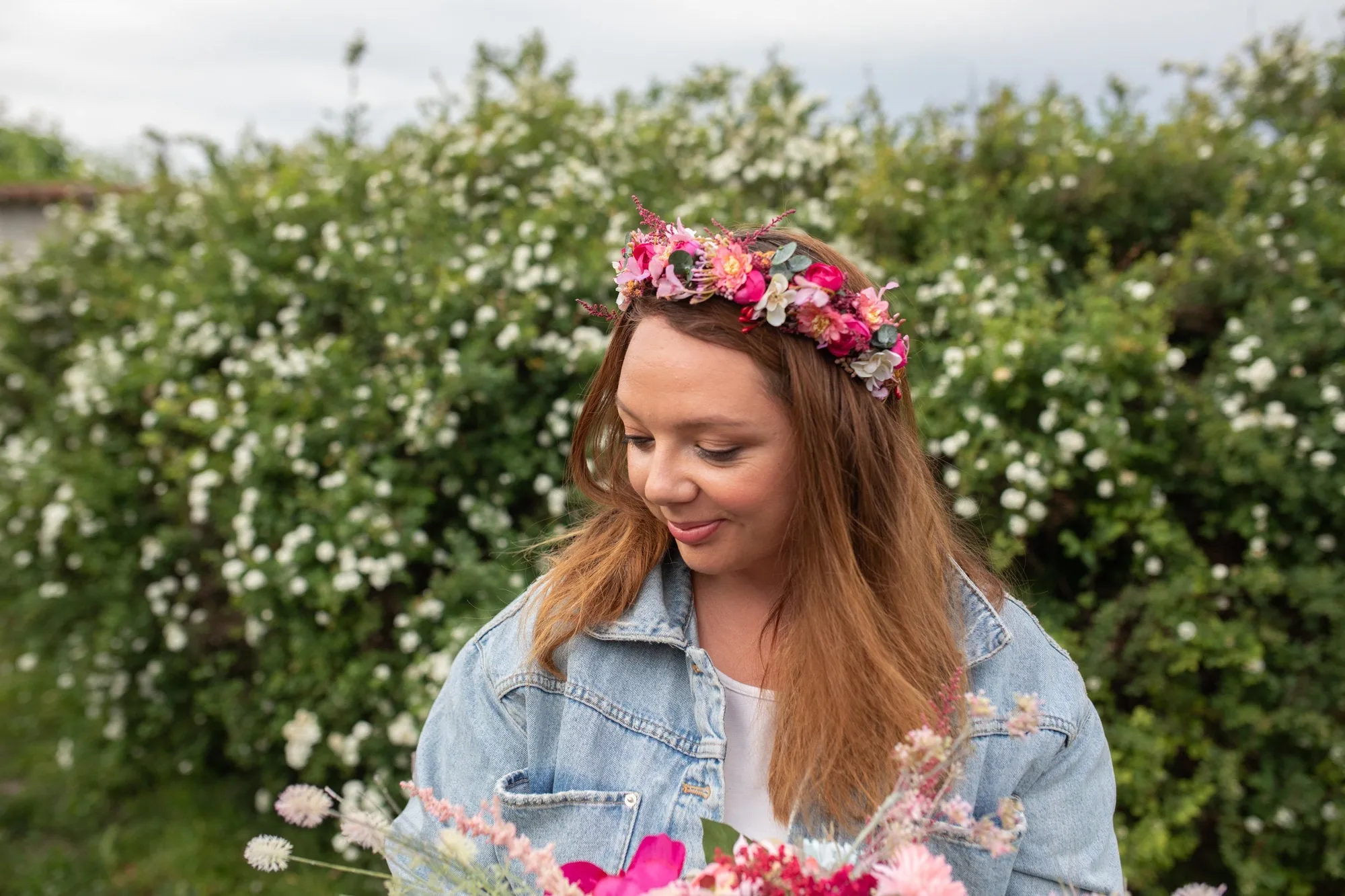 Raspberry flower half wreath Pink wedding flower crown Bridal accessories Magaela accessories hair crown for bride Fuchsia hair crown