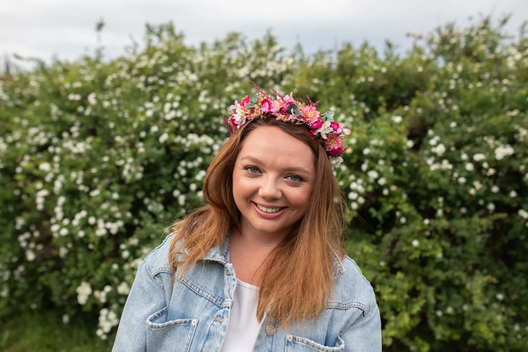 Raspberry flower half wreath Pink wedding flower crown Bridal accessories Magaela accessories hair crown for bride Fuchsia hair crown