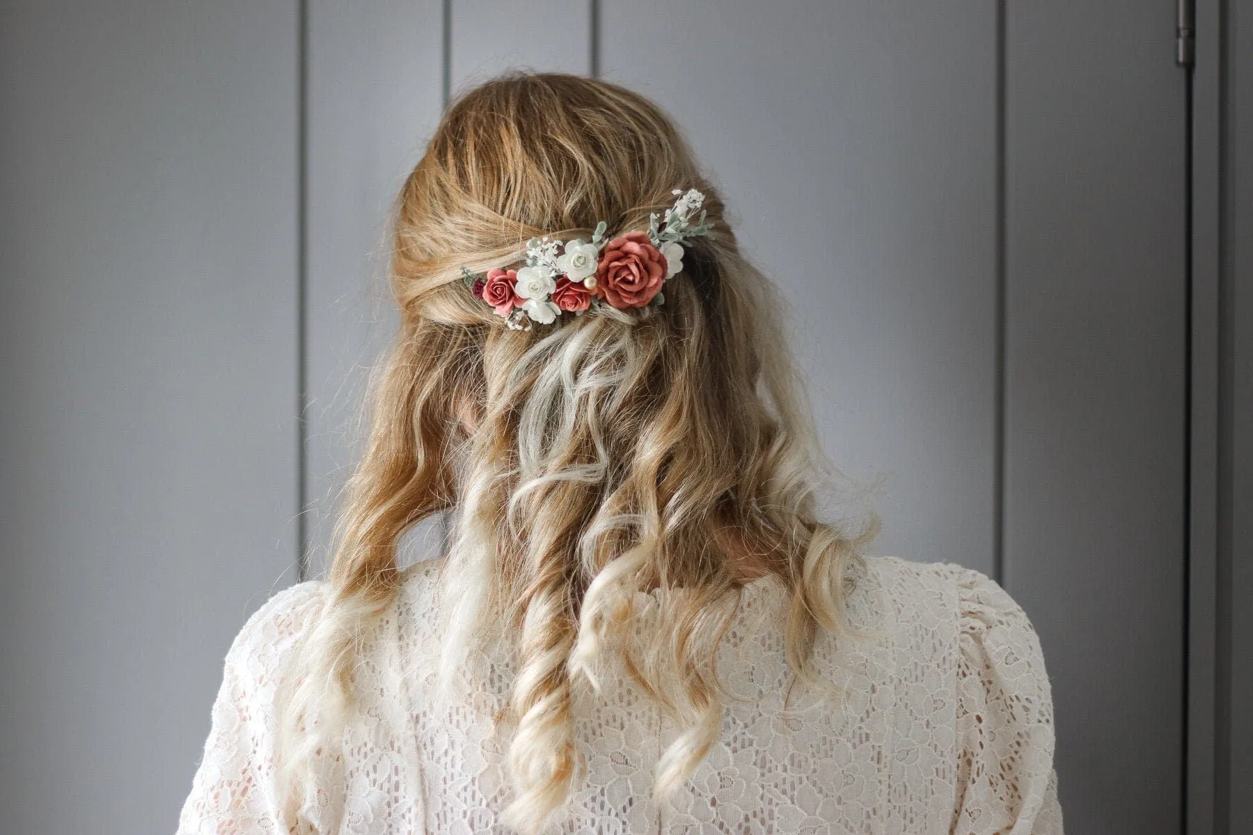 Red, Burgundy White Mulberry Paper Rose Wedding Comb, Boho Bridal Comb