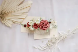 Red, Burgundy White Mulberry Paper Rose Wedding Comb, Boho Bridal Comb