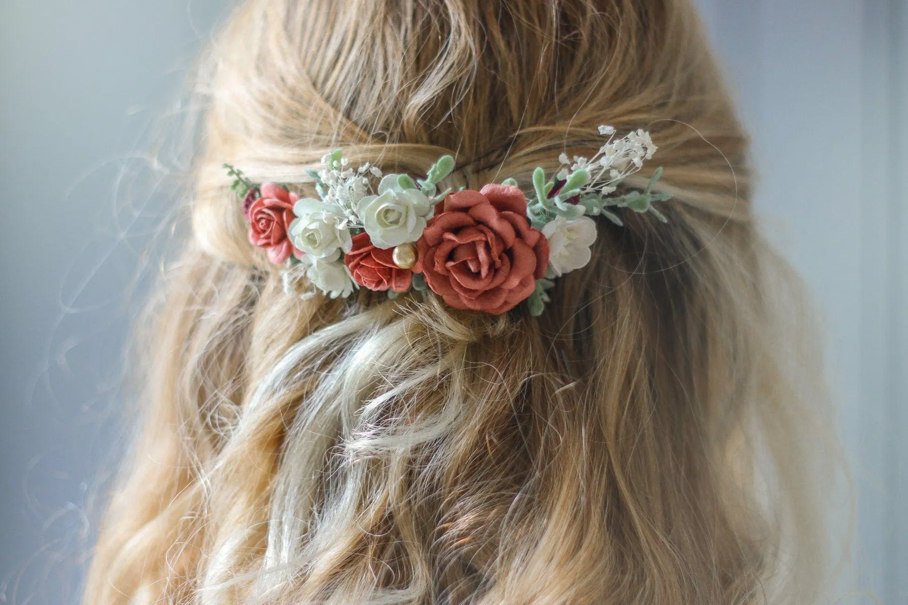 Red, Burgundy White Mulberry Paper Rose Wedding Comb, Boho Bridal Comb