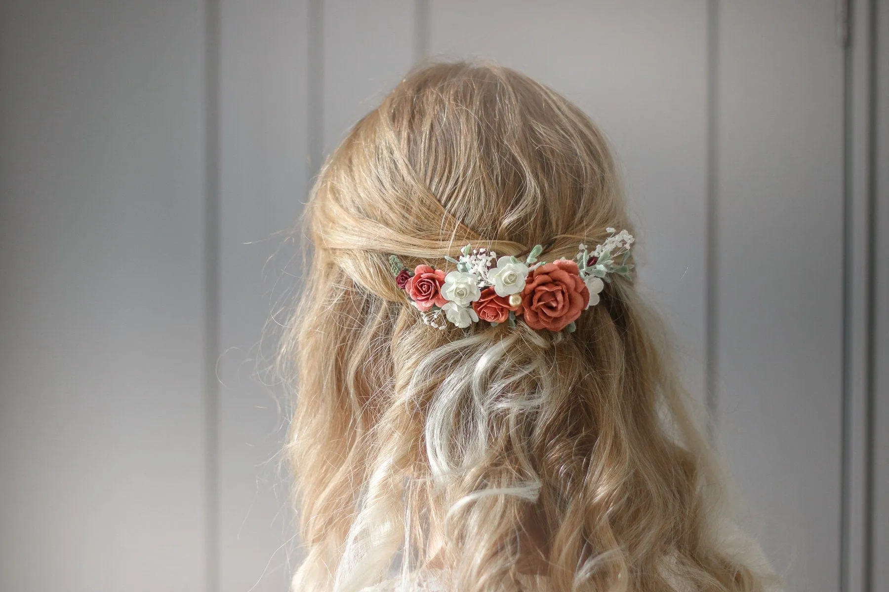 Red, Burgundy White Mulberry Paper Rose Wedding Comb, Boho Bridal Comb