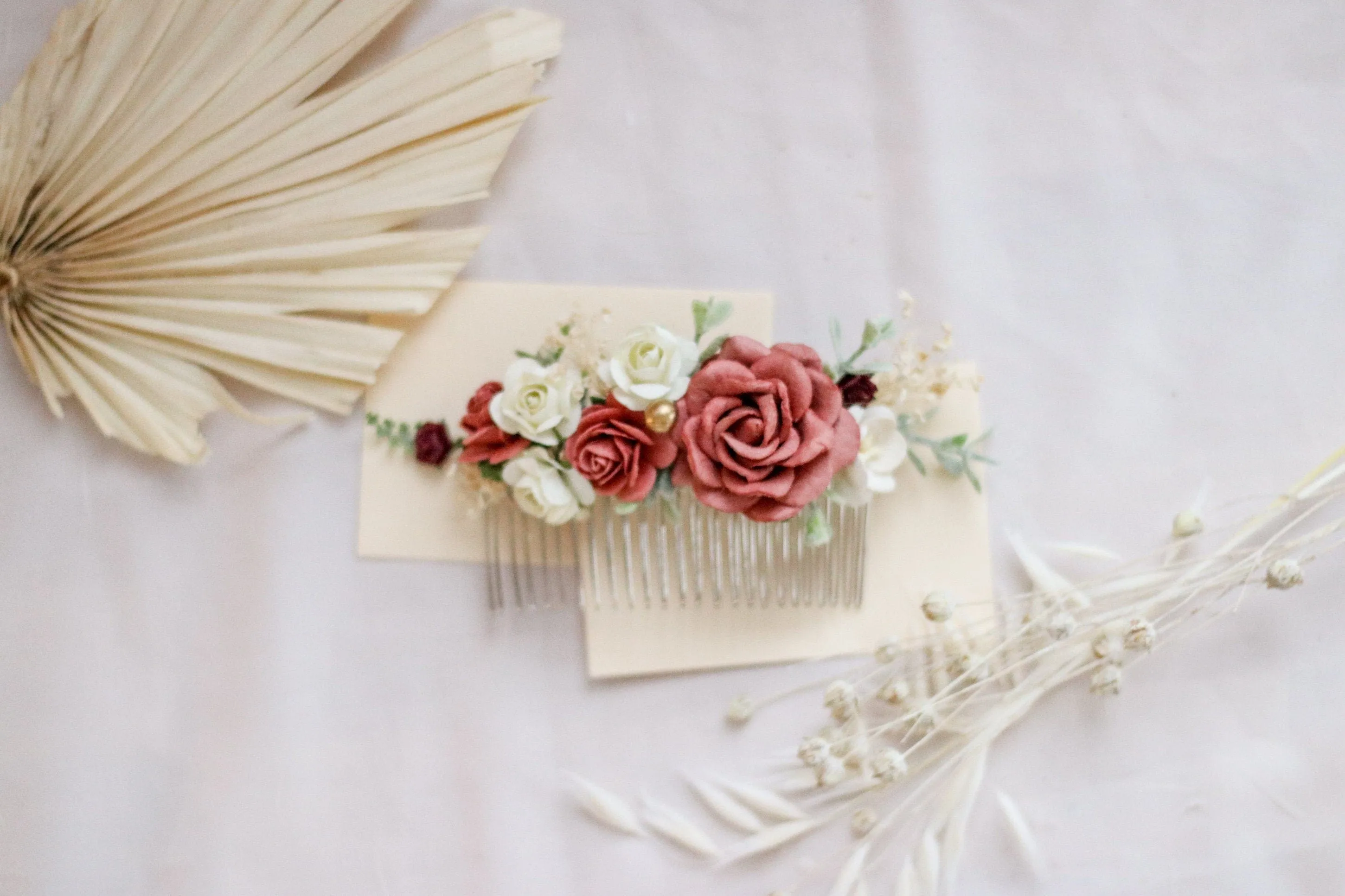 Red, Burgundy White Mulberry Paper Rose Wedding Comb, Boho Bridal Comb