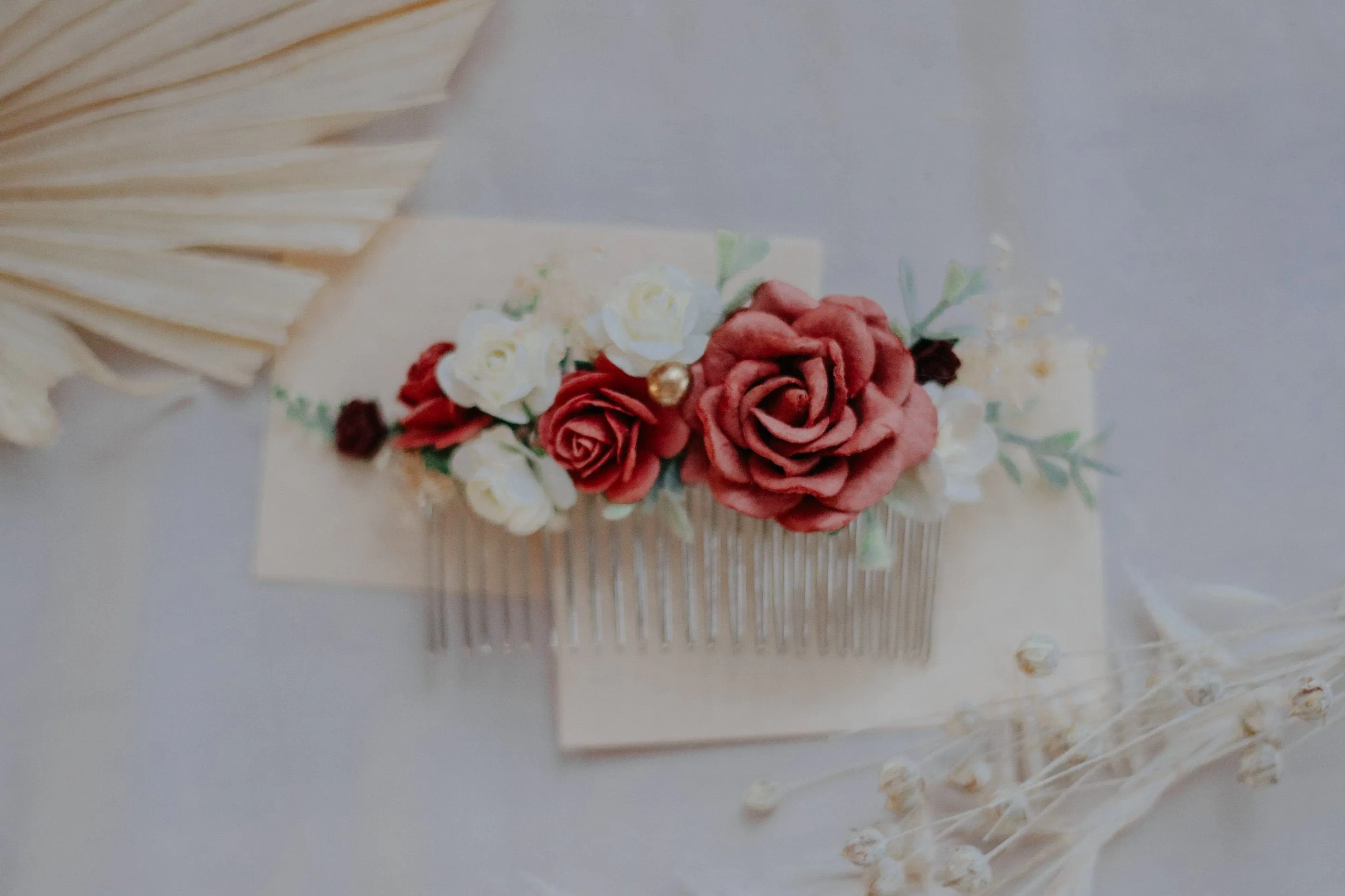 Red, Burgundy White Mulberry Paper Rose Wedding Comb, Boho Bridal Comb