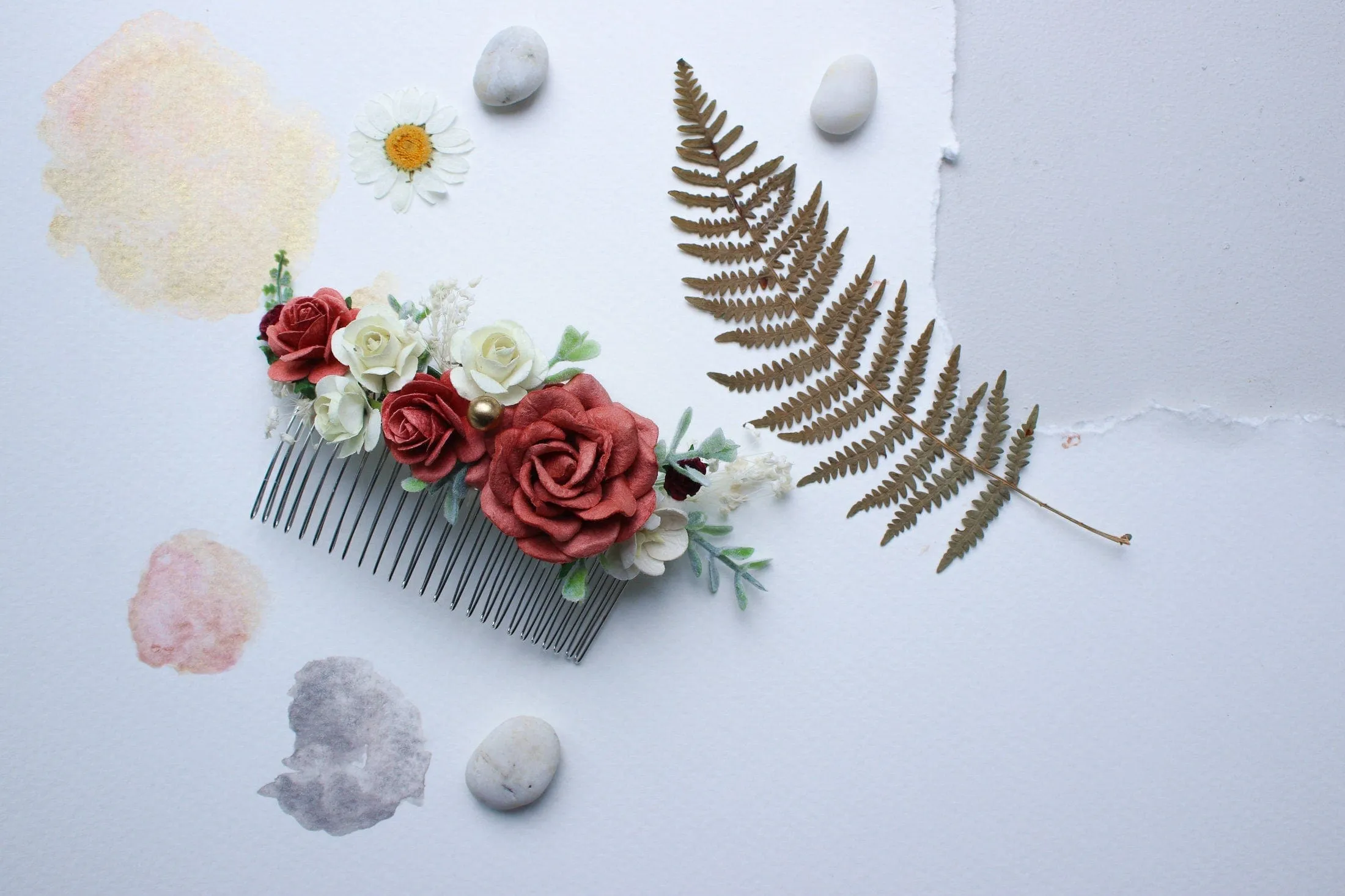 Red, Burgundy White Mulberry Paper Rose Wedding Comb, Boho Bridal Comb