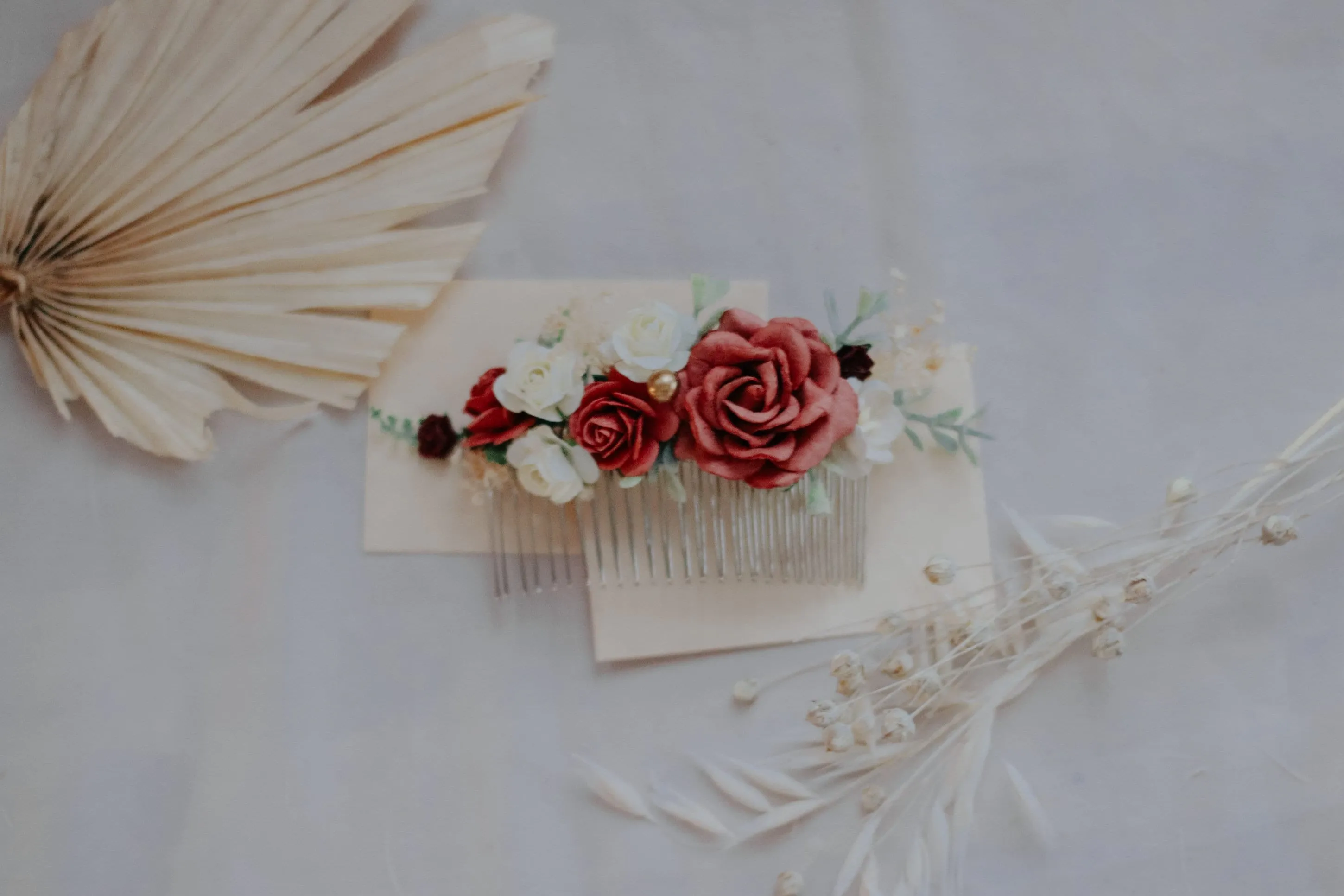 Red, Burgundy White Mulberry Paper Rose Wedding Comb, Boho Bridal Comb