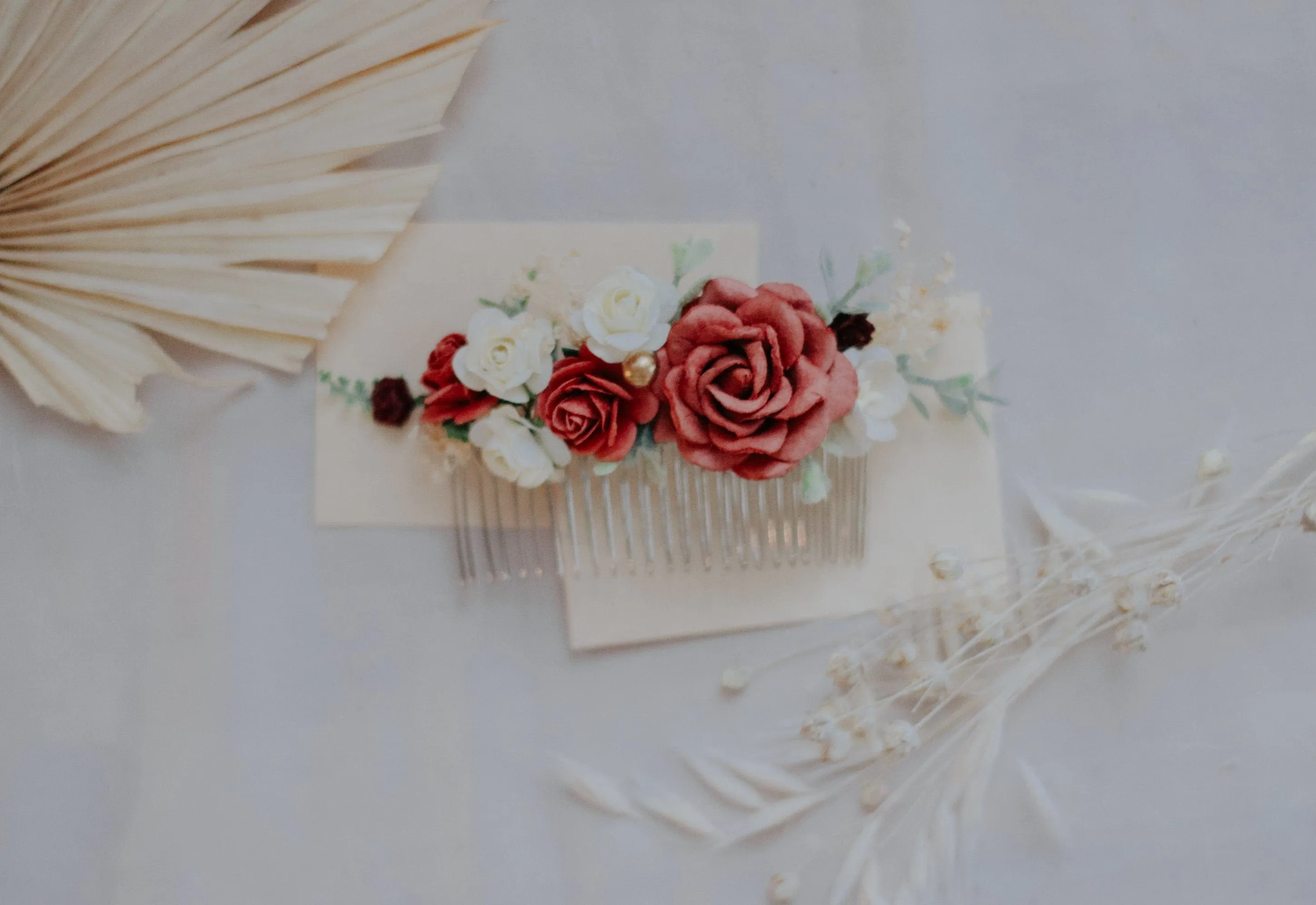 Red, Burgundy White Mulberry Paper Rose Wedding Comb, Boho Bridal Comb