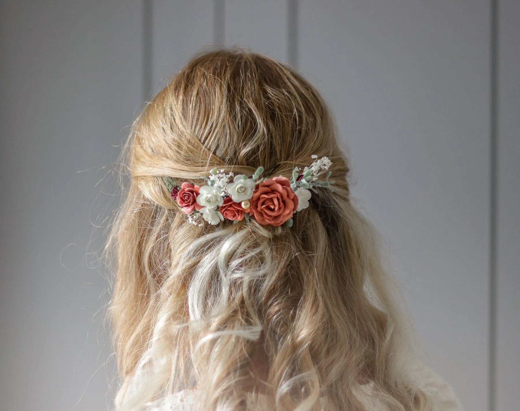 Red, Burgundy White Mulberry Paper Rose Wedding Comb, Boho Bridal Comb