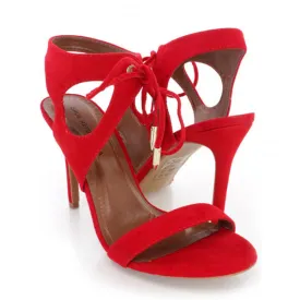 Red Faux Suede Cut Out Lace Up Single Sole Heels