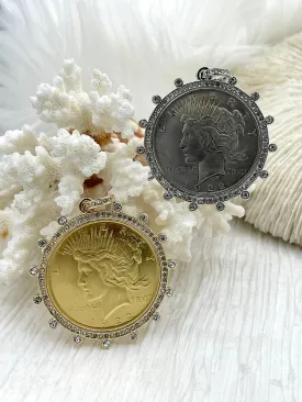 Reproduction Coin Pendant, Liberty Peace Dollar Coin Pendant, Coin Bezel, Vintage Coin Pendant, Coin Bezel CZ . Fast Ship