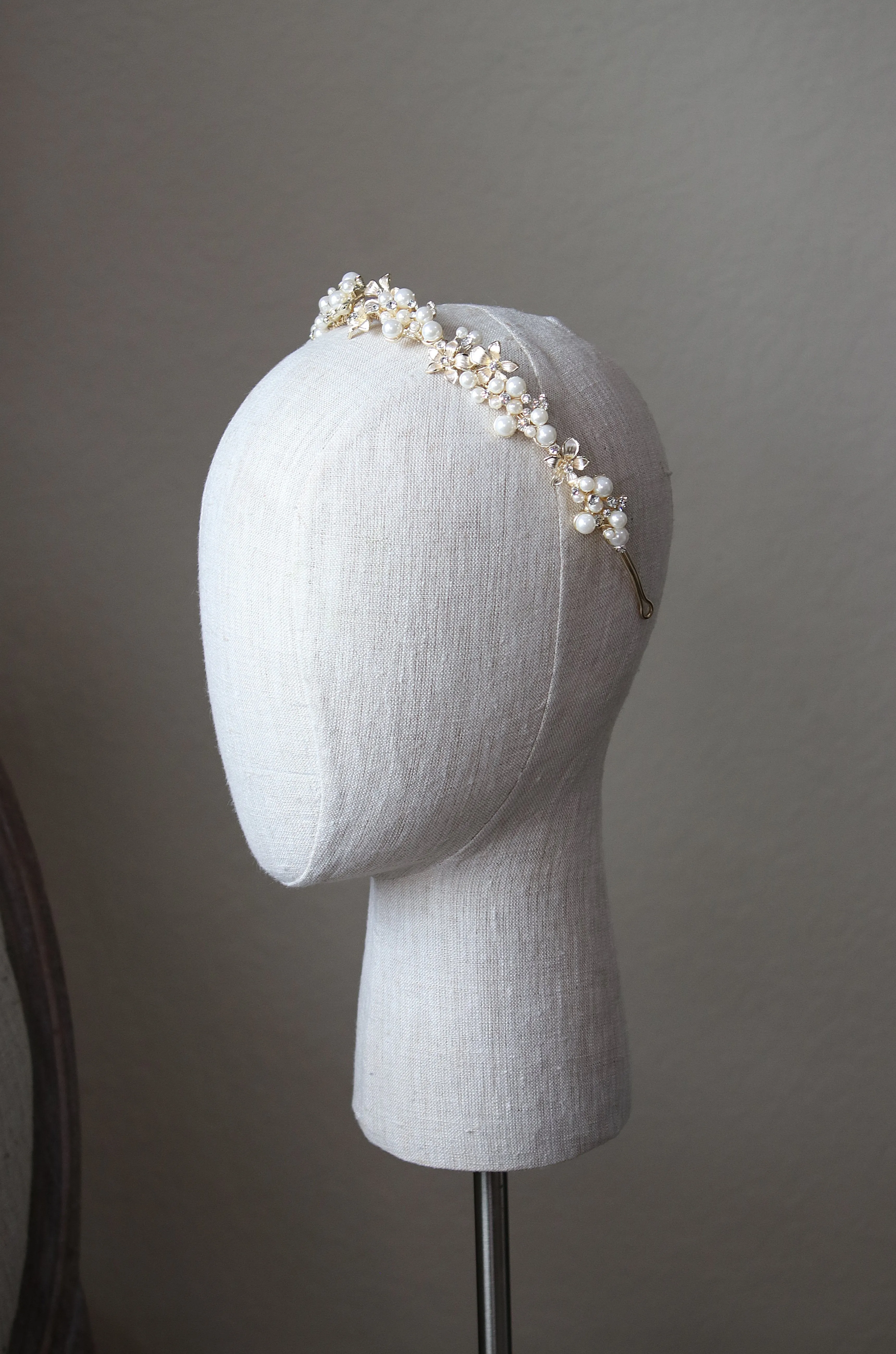 RILEY Gold Crystal and Pearl Headpiece Tiara