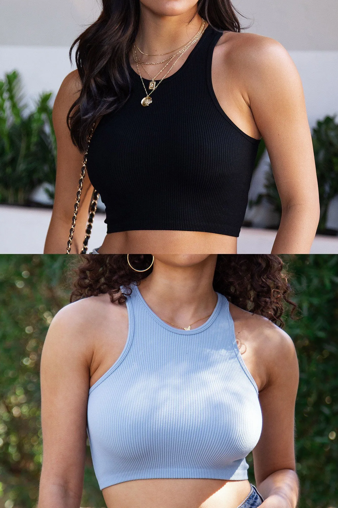 Sarah Light Blue and Black Ribbed Crop Tank Top Bundle