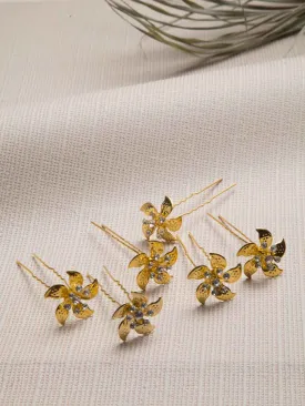 Set of 6 Gold-Toned Stone-Studded Floral Hair Pins