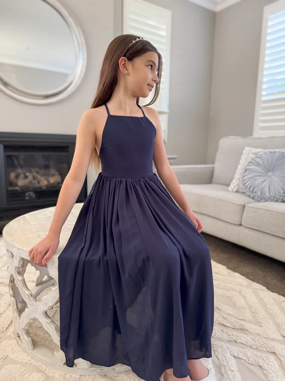 Sofia French Chiffon Navy Blue Girls Dress