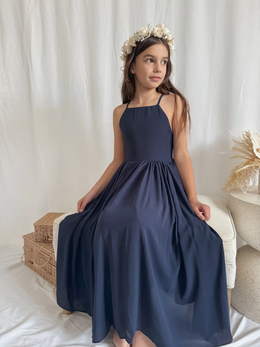 Sofia French Chiffon Navy Blue Girls Dress