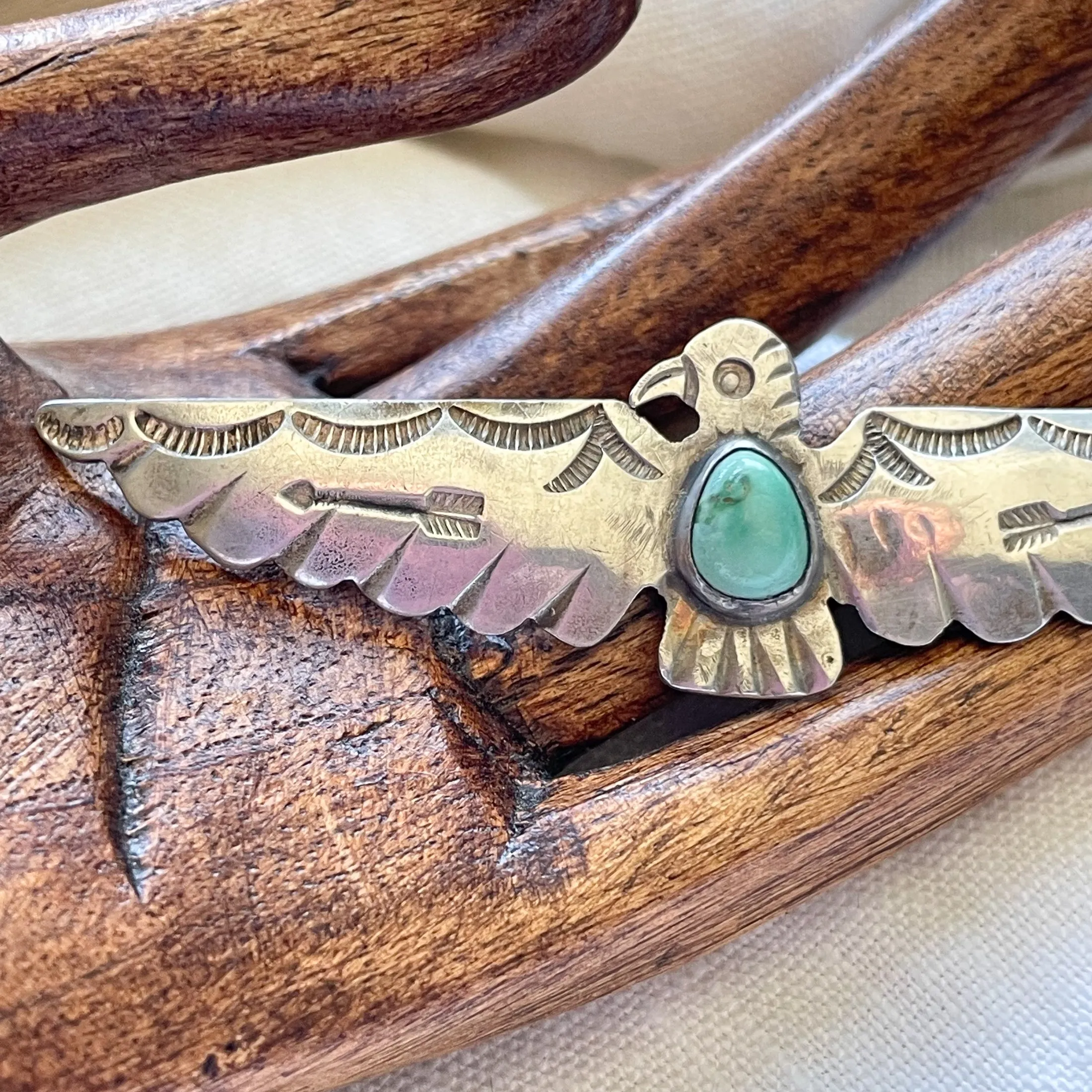 SOLD Vintage Silver Turquoise Thunderbird Brooch, Fred Harvey Era Pin 8.3 G