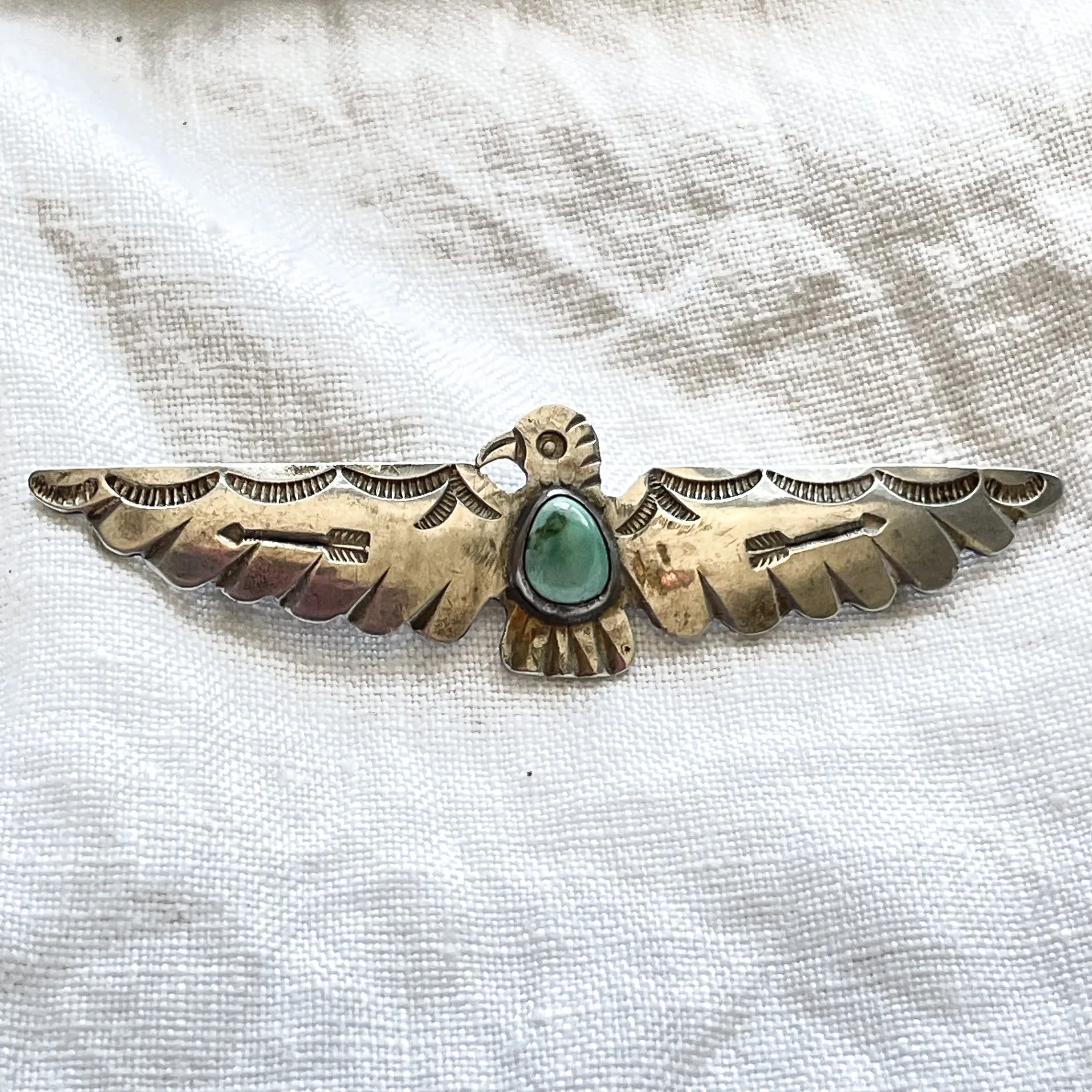 SOLD Vintage Silver Turquoise Thunderbird Brooch, Fred Harvey Era Pin 8.3 G