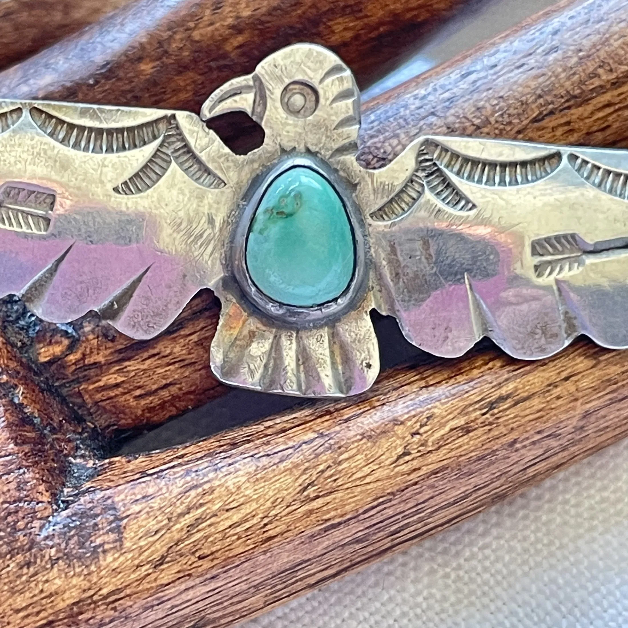 SOLD Vintage Silver Turquoise Thunderbird Brooch, Fred Harvey Era Pin 8.3 G