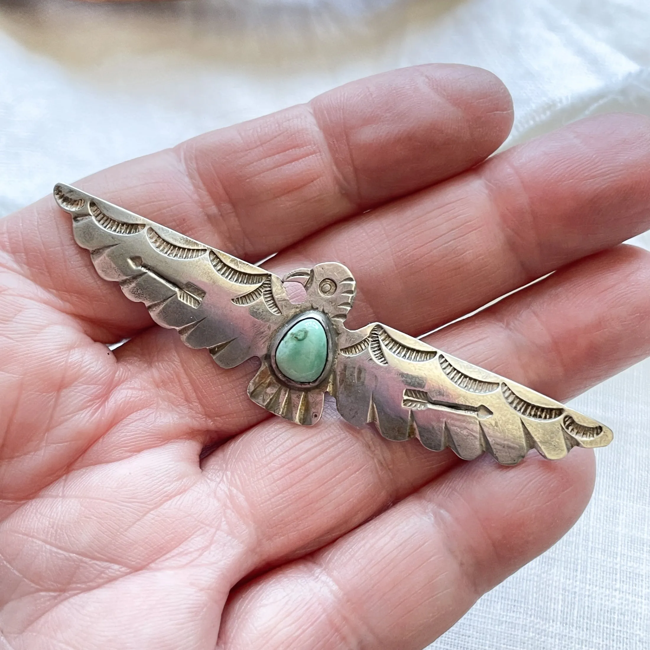 SOLD Vintage Silver Turquoise Thunderbird Brooch, Fred Harvey Era Pin 8.3 G