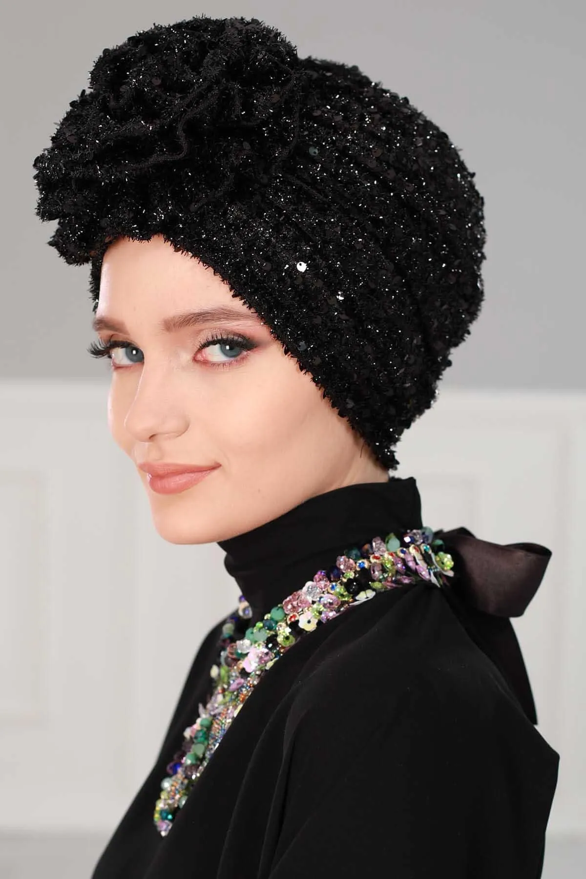 Sparkly Black Sequin Rose Instant Turban, Stylish Pre-Tied Headwrap for Fashionable Women, Chic Chemo Cap with Floral Embellishment,B-21SK