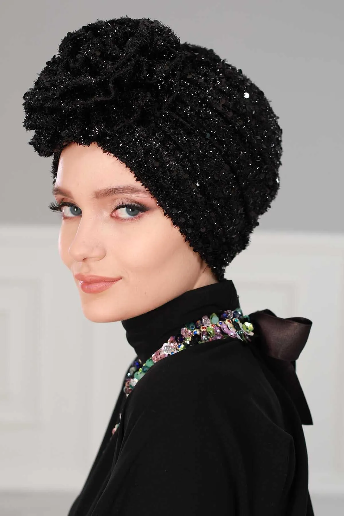 Sparkly Black Sequin Rose Instant Turban, Stylish Pre-Tied Headwrap for Fashionable Women, Chic Chemo Cap with Floral Embellishment,B-21SK