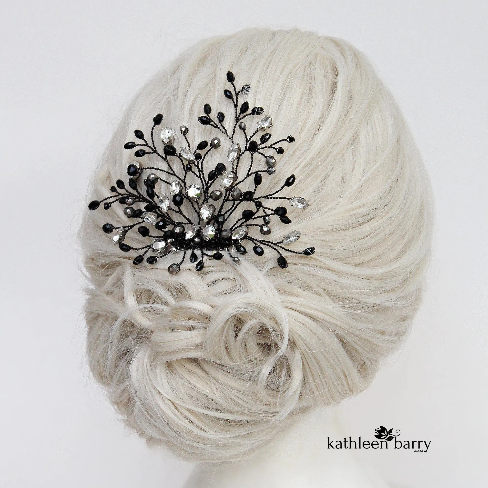 Tayla - Opaque Black crystal, Rhinestones and hints of pewter silver hairpiece