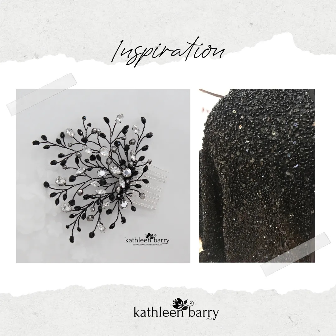 Tayla - Opaque Black crystal, Rhinestones and hints of pewter silver hairpiece