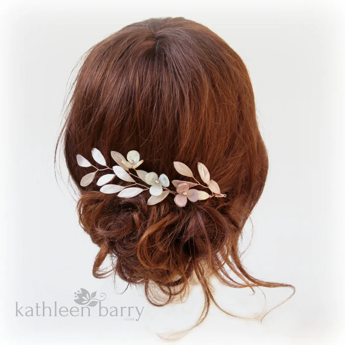 Theora leaf hairpiece - satin sculpted fabric leaves & flowers - color options available