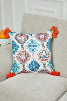 Vibrant Geometric Medallion Pillow Cover with Orange Tassels, Artistic Boho Cushion Case for Trendy Homes, 18x18 Printed Pillow Cover,K-367