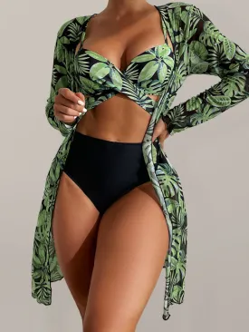 Women's Stylish Tropical Print Three Piece Bikini Set