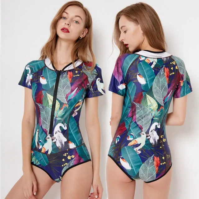 Womens Zip Front Printed Surfing Swimwear